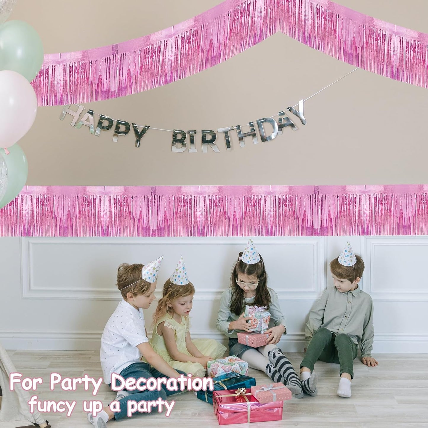 4 Pcak Each 10 Feet Glitter Pink Parade Float Decorations for Trailer Car, Glitter Foil Fringe Metallic Tinsel Streamers Banner Garland for Graduation Weeding Homecoming Birthday Party (Glitter-Pink)