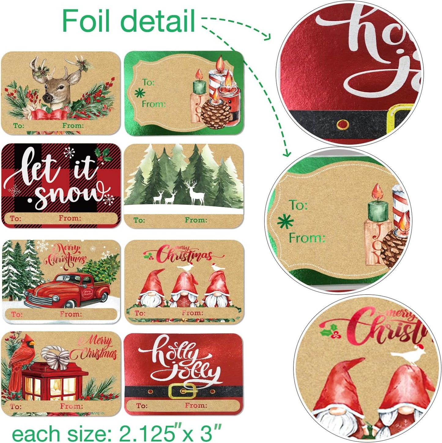 80-Count Foil Kraft Christmas Tags Sticker，8 Jumbo Designs - Xmas to from Christmas Stickers Name Tags Write On Labels - Holiday Present Label…