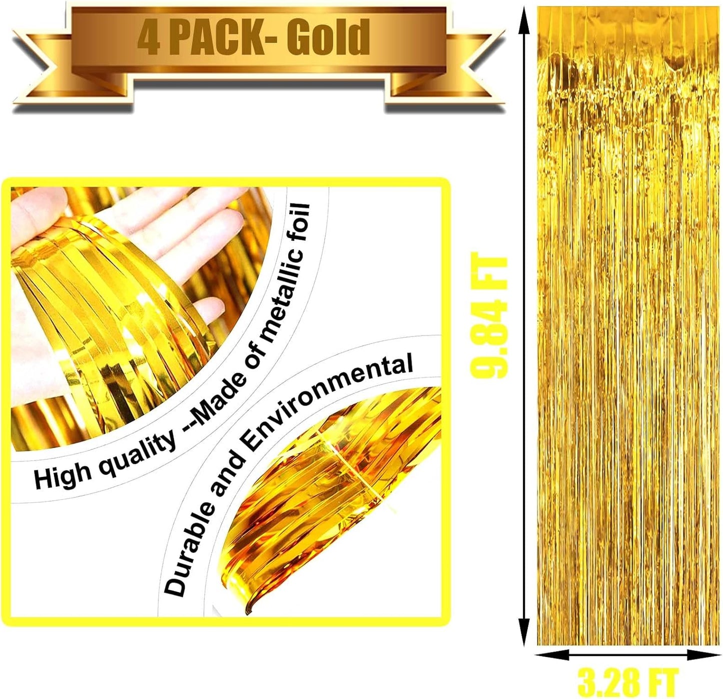 4 Pack Gold Foil Fringe Curtain Backdrop, 3.28Ft x 9.84Ft Metallic Tinsel Foil Fringe Streamers Curtains for Party, Photo Booth Props, Birthday, 2022 Graduation Decoration Supplies