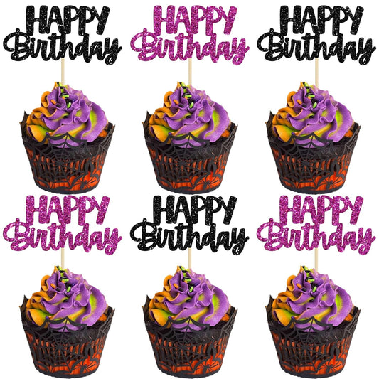Gyufise 24Pcs Happy Birthday Cupcake Toppers Glitter Birthday Cake Topper Decorations for Celebrating Halloween Theme Party Decorations Supplies Black Purple