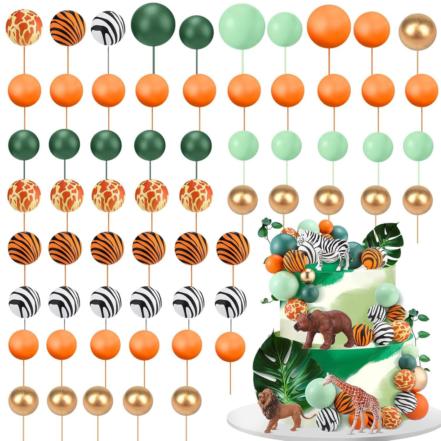 108 Pcs Balls Cake Topper DIY Cupcake Insert Foam Balloons for Cake Baking Wedding Anniversary Birthday Decoration(Leopard,Green,Orange,Gold,Multi Sizes)