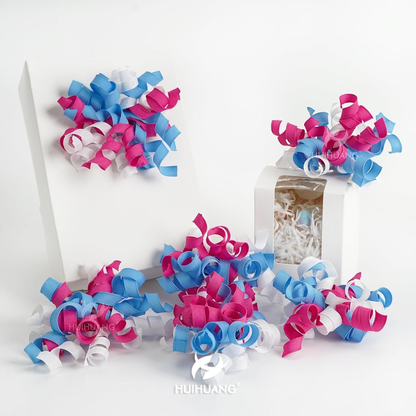 HUIHUANG Baby Shower Bows for Gift Wrapping, Blue/Pink/White Curly Ribbon Bows Self Adhesive Burst Gift Bow for Gender Reveal Party, Baby Shower Favors, Wine Bottle, Treat Bags - 6 Counts