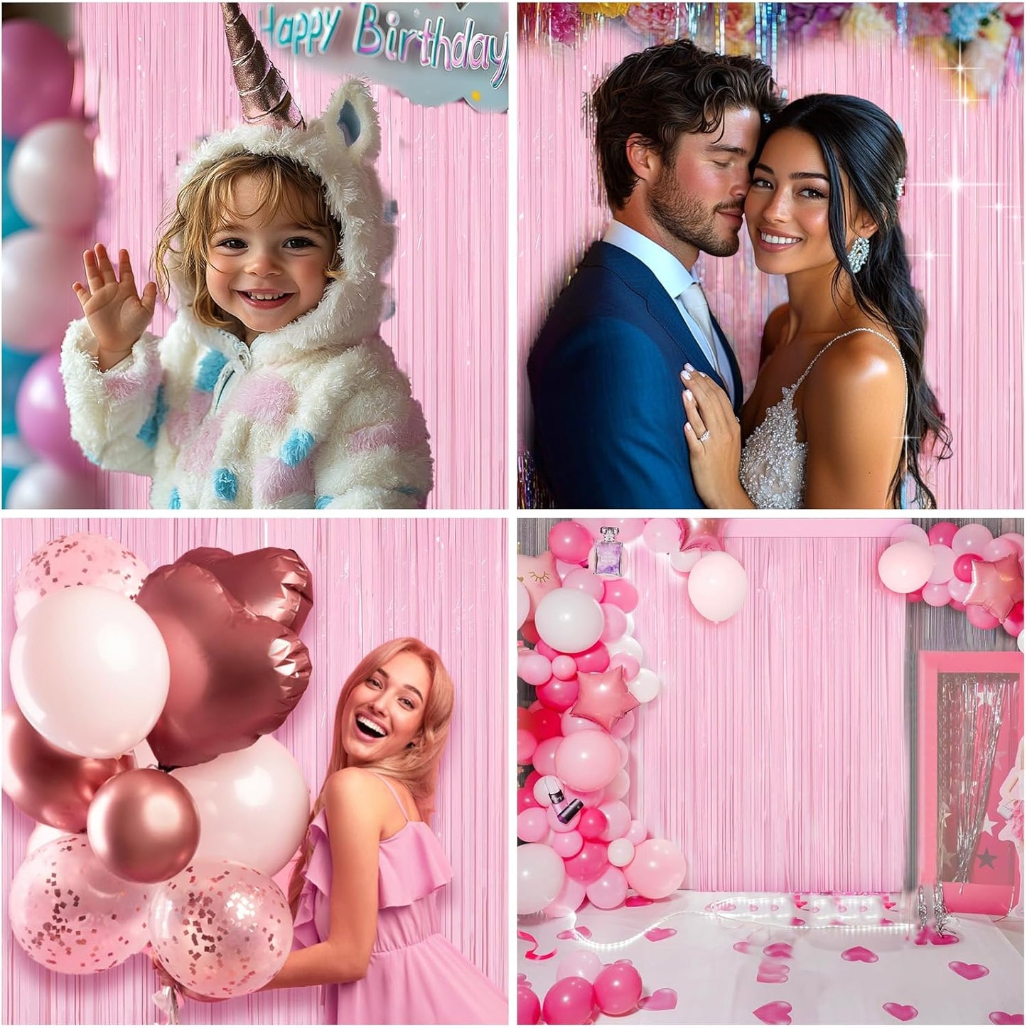 4 Packs Pastel Pink Foil Fringe Curtain, Baby Pink Metallic Tinsel Backdrop for Birthday, Wedding, Baby Shower, Princess Bachelorette Cowgirl Bow Party Decorations Supplies