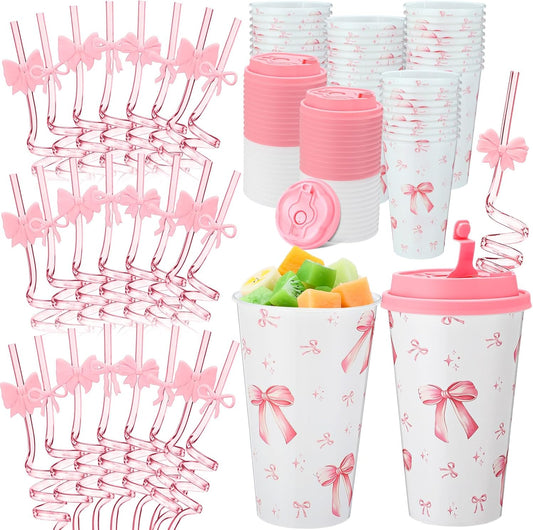 Yungyan 24 Sets Pink Bow Party Favors Goodie Cups with Lids and Straws for Birthday Coquette Party Decorations Reusable 16oz Plastic Candy Cups Plastic Straws for Christmas Decor(Pink Bow)
