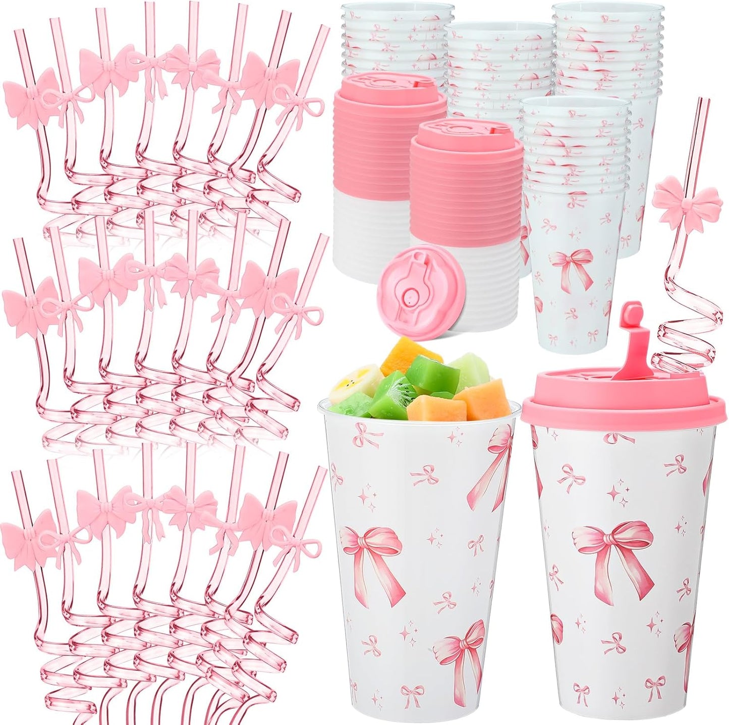 Yungyan 36 Sets Pink Bow Party Favors Goodie Cups with Lids and Straws for Birthday Coquette Party Decorations Reusable 16oz Plastic Candy Cups Plastic Straws for Christmas Decor(Pink Bow)