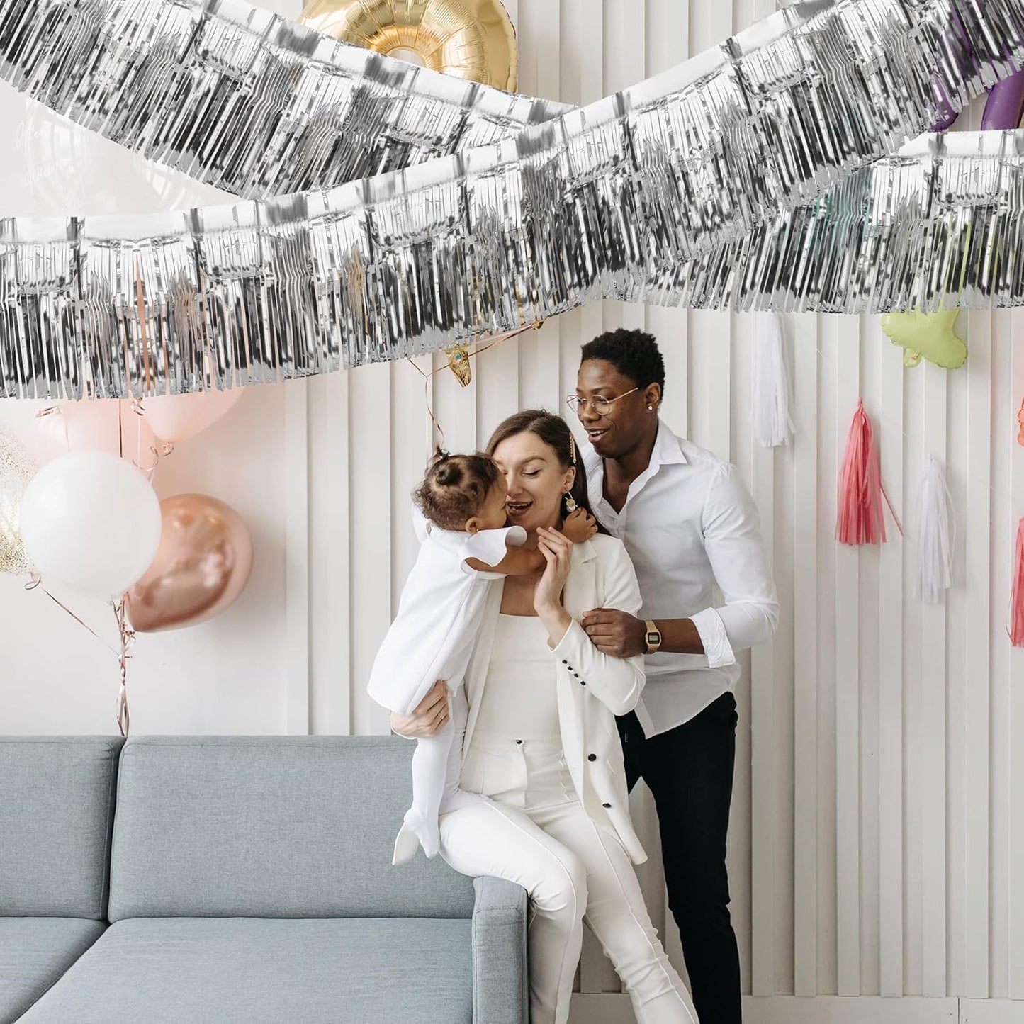 4 Pack Iridescent Fringe Curtains, Metallic Foil Fringe Garland Wall Hanging Drapes Tassel Foil Float for Parade Trailer, Birthday Holiday Outdoor/Indoor Party Decoration (Silver)