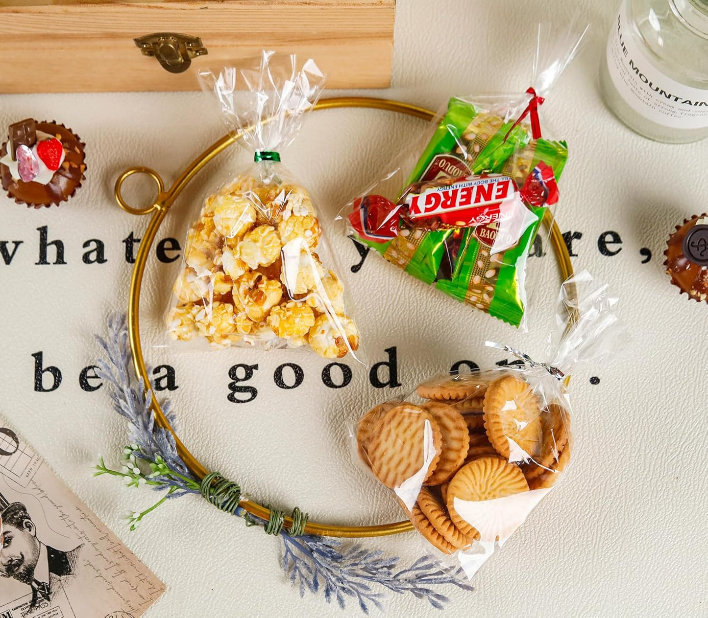 NPLUX 100 Pack Cellophane Bags Small Plastic Cookie Bag Clear Treat Bags with Twist Ties for Small Gift Party Favors, Bakery, Candy, Popcorn(4×6In)