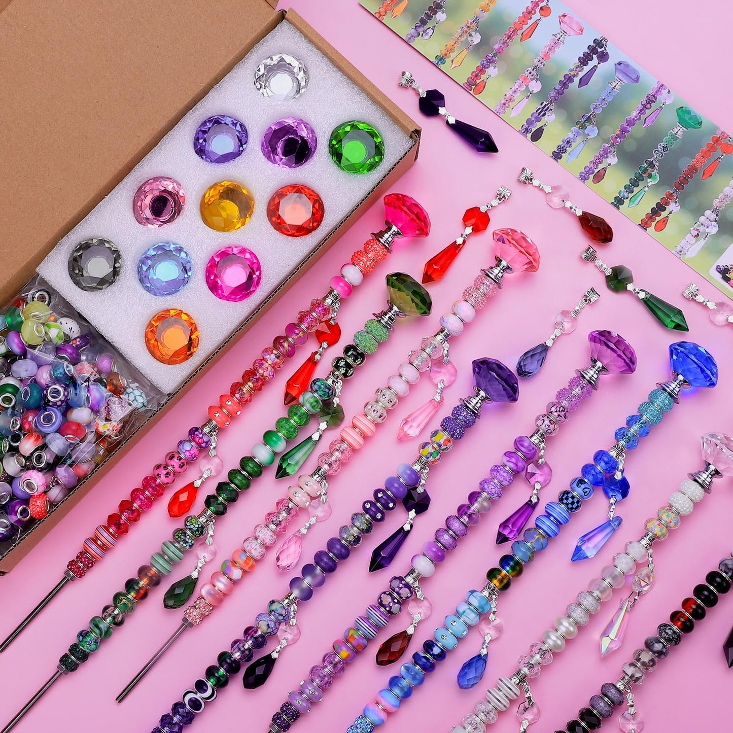 DIY Fairy Wand Garden Stake Beads Kits with Rainbow Colorful Assortment Large Hole Beads, Beaded Garden Stakes kit with Crystal Diamond Top (238Pcs Rainbow+Diamond)