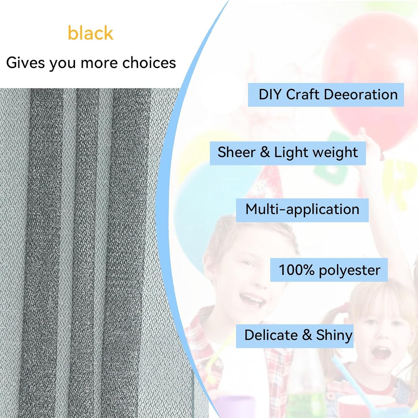 Glitter Tulle Fabric 56 Inch by 5.5 Yards Fabric Tulle Bolt for Wedding Christmas Decorations DIY White Tutu Baby Shower Table Skirt Ceiling Decor Birthday Party Craft Supplies-Black