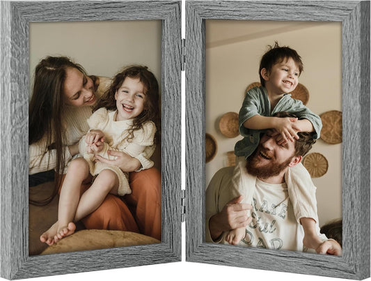 decorUhome Double 5x7 Picture Frame Vertical, Engineered Wood Bifold Photo Frame with Plexiglass for Tabletop Display, 5x7, Grey