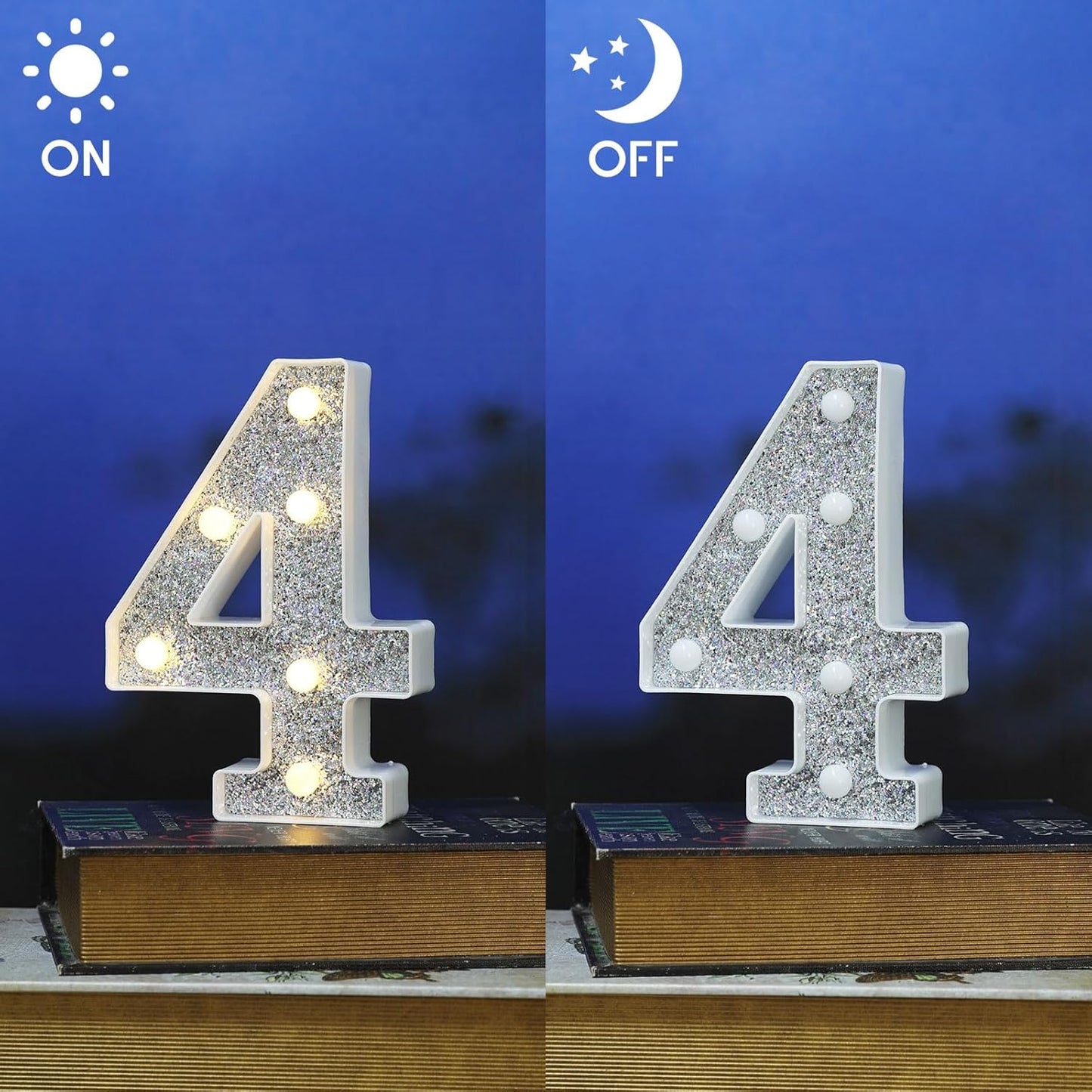 Marquee Light Letters for Table Decorations, Glitter Light Up Signs for Prom, Events, or Engagement Party Decor, Featuring Alphabet & Number Lighted Letters, Number 4