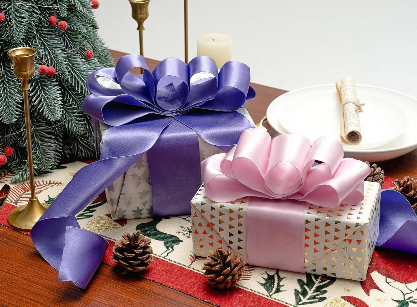 Purple Satin Ribbon Double-Faced Wired Ribbons for Gift Wrapping Flower Bouquet Bows Wedding Invitation Christmas Decor Crafts 2-1/2 Inch 10 Yards