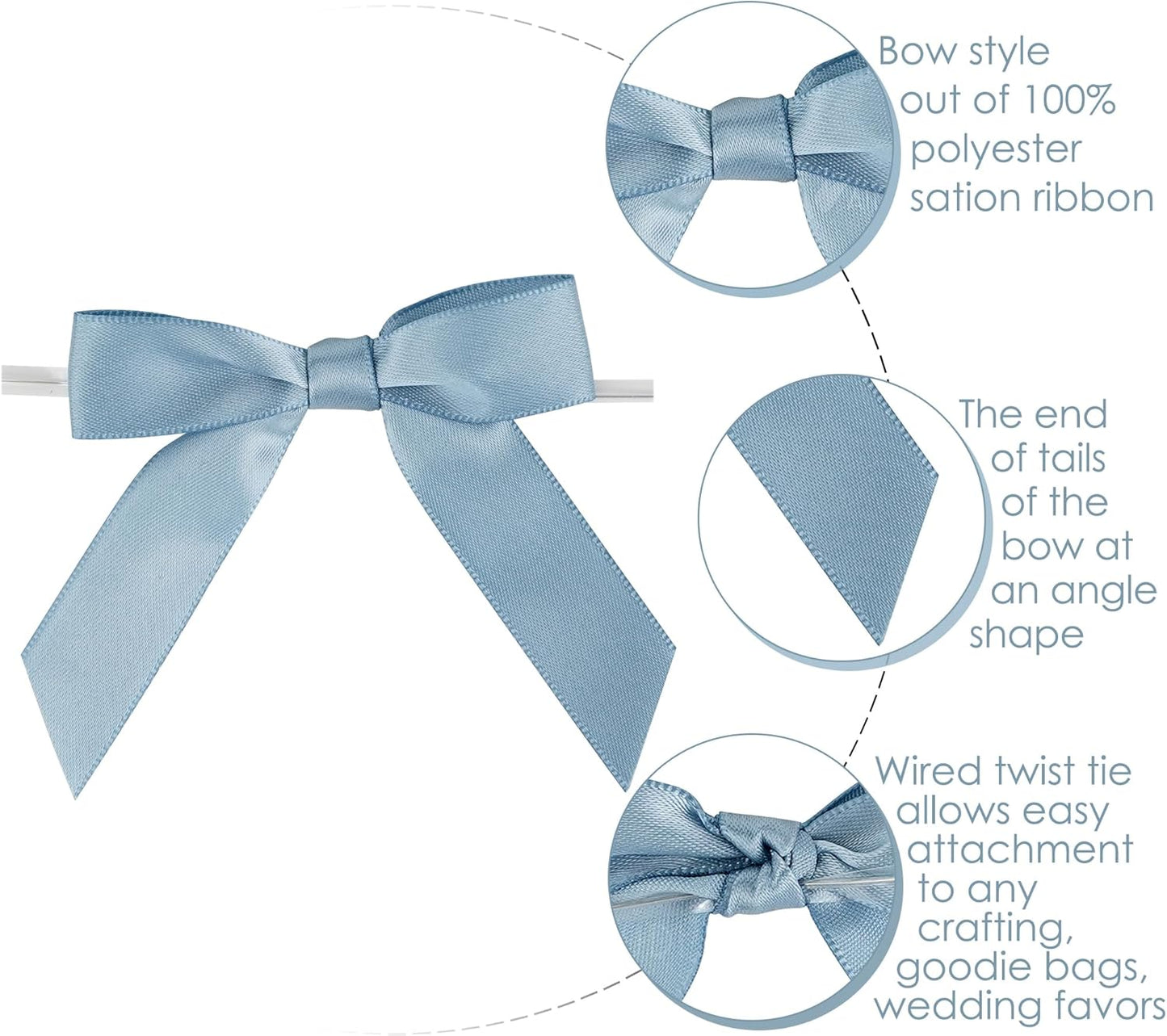 AIMUDI Dusty Blue Bows for Gift Wrapping Premade Satin Bows for Wedding Decor Pre Tied Twist Tie Bows Small Bows for Crafts Treat Bags Cake Pop Party Favors - 50 Counts