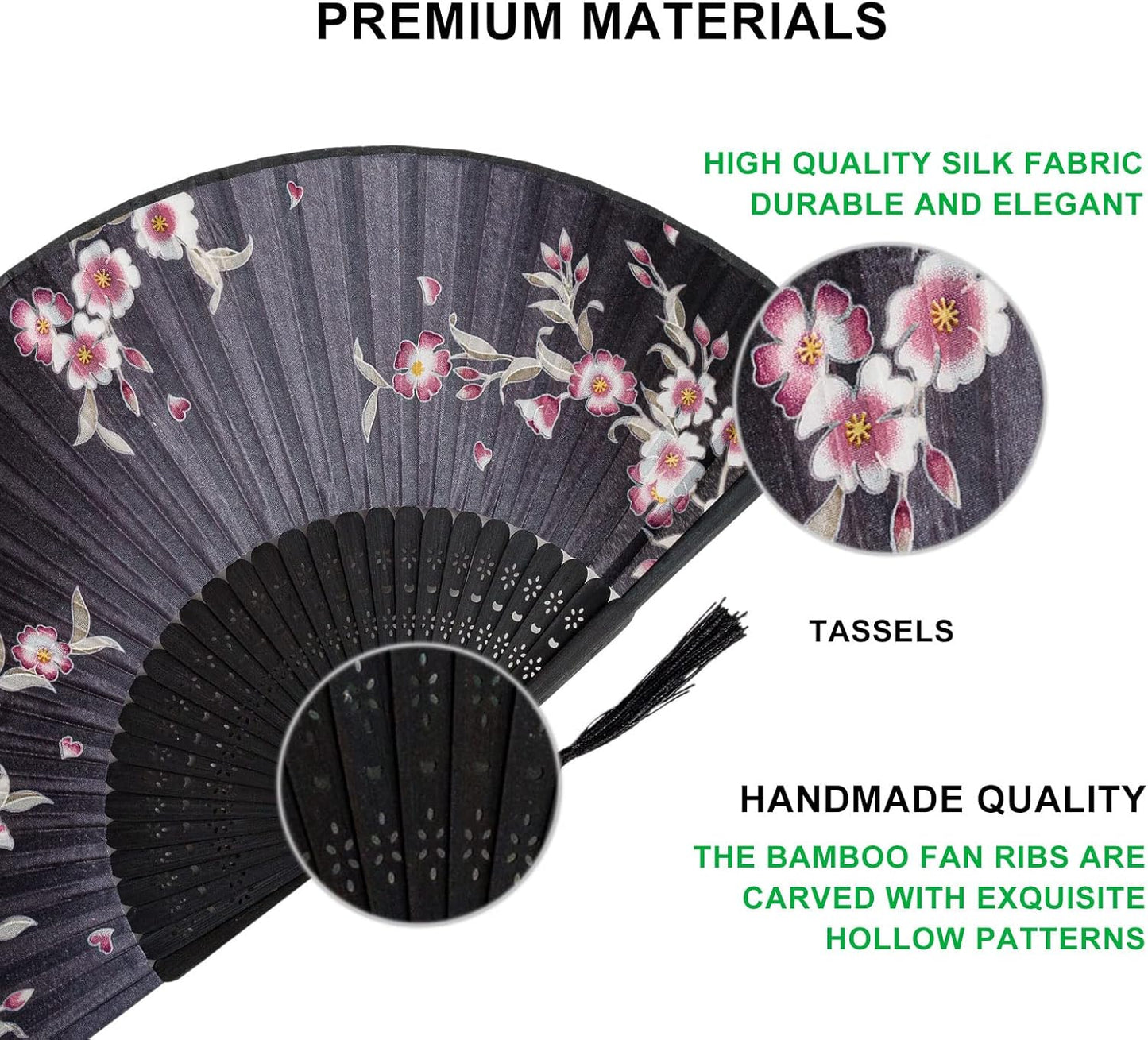 Amajiji 8.27"(21cm) Hand Held Bamboo Silk Folding Fan Hand Fan,Chinese/Japanese Charming Elegant Vintage Retro Style,Women Ladys Girls Best Gifts (Black Redbud)