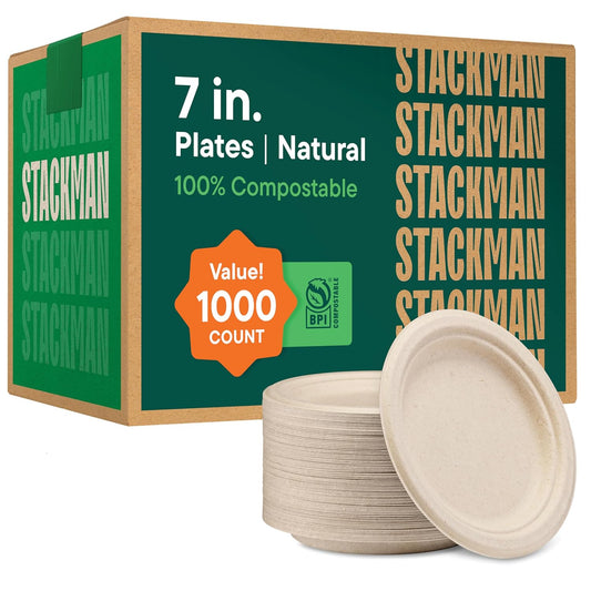 100% Compostable Paper Plates 7 Inch [1000 Count] Heavy-Duty Dessert Plates - Natural Brown Color Unbleached Bagasse - Eco-Friendly Disposable Biodegradable Sugarcane Plates - [Bulk Case 8/125 Pack]
