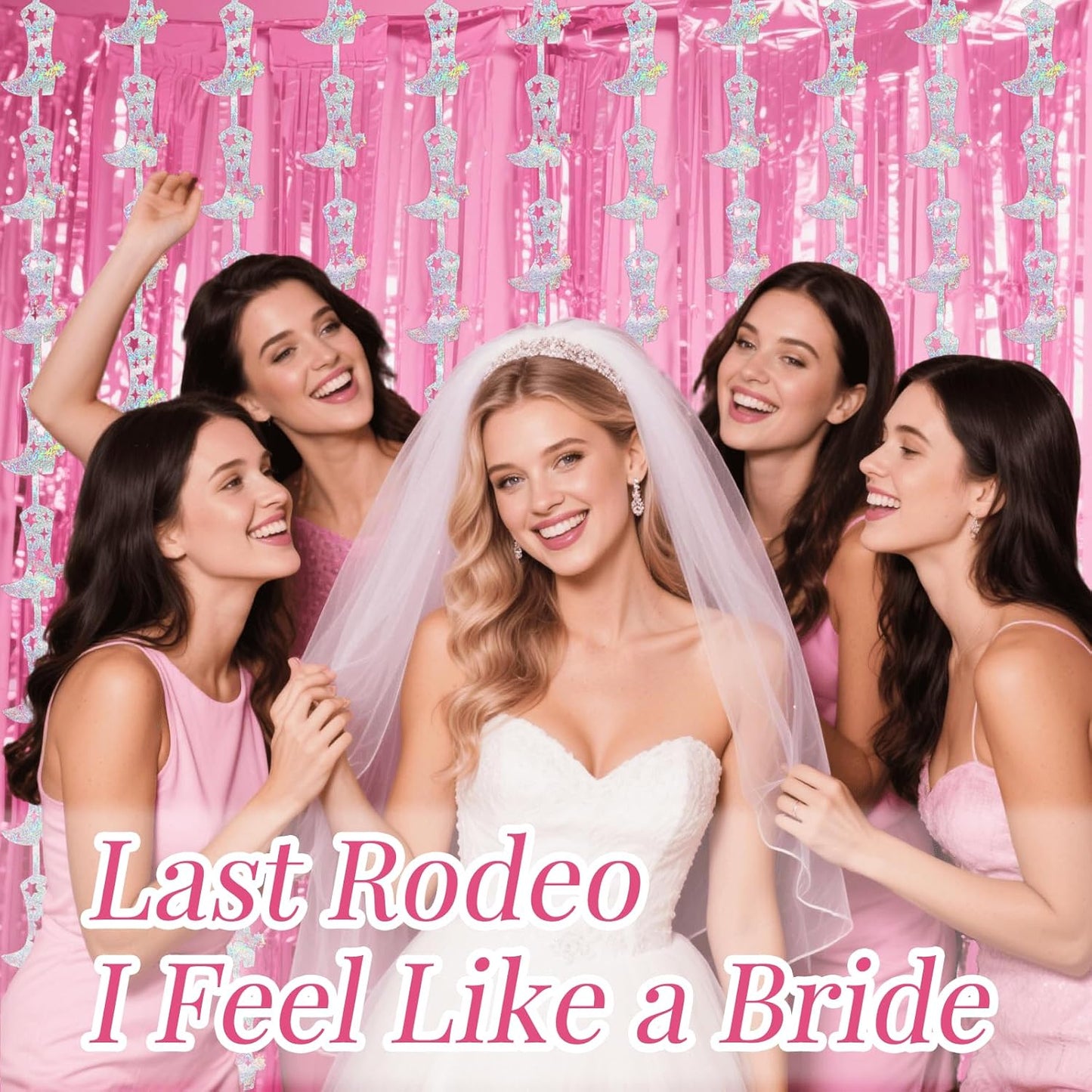 4 Pcs Cowgirl Party Decorations - 2 Boot Silver Metallic Tinsel Fringe Curtains & 2 Candy Pink Backdrops for Birthday Supplies Last Rodeo Bachelorette Wedding Disco Decor