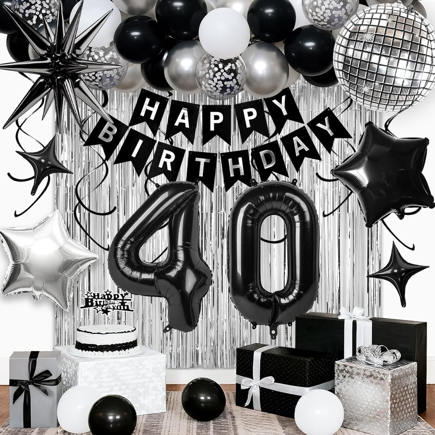 40th Birthday Decorations for Men Women, Black Silver Happy Birthday Party Decorations， 40 Year Old Party Supplies with Number 40 Balloons, Banner, Fringe Curtains Kit