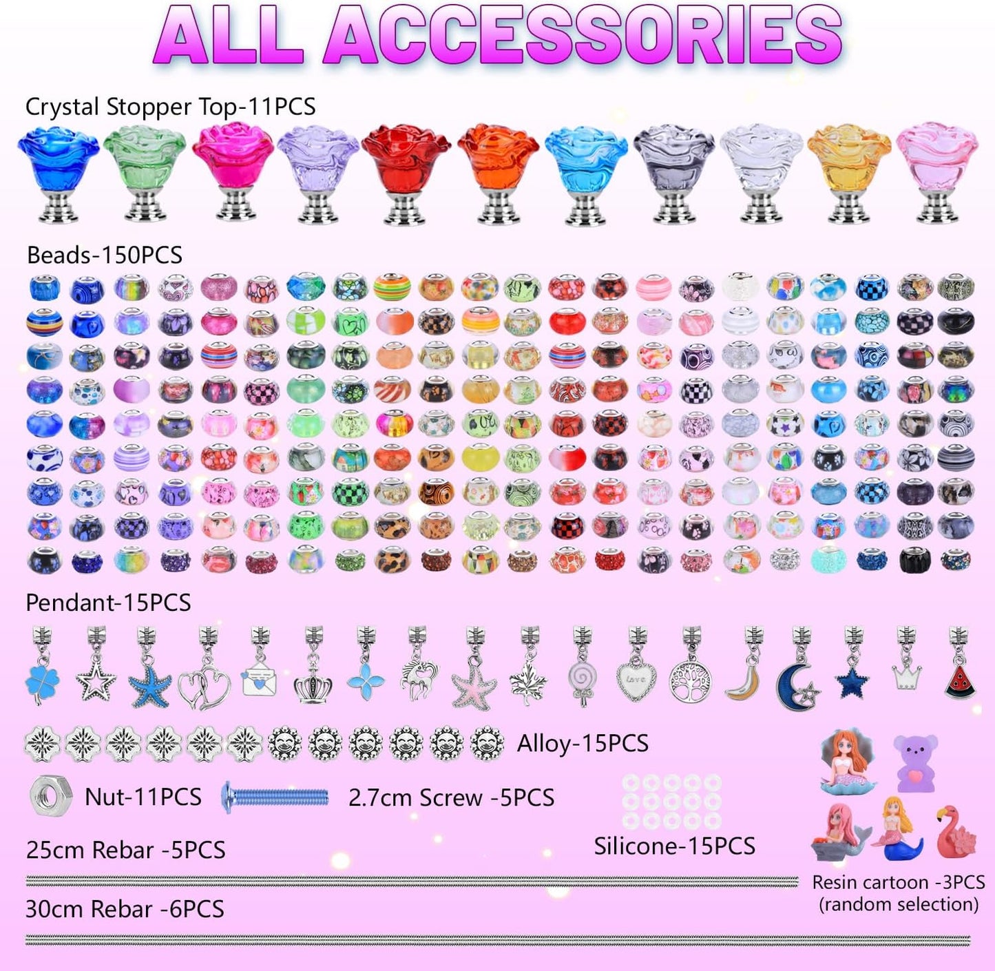 AIPRIDY 238 Pcs DIY Fairy Wand Garden Stakes Kit,Multiple Color Scheme European Beads Crystal Diamond Tops and 12 or 10 Inch Threaded Rods,Stainless Steel Stakes with Diamond Toppe (Rose Flower)