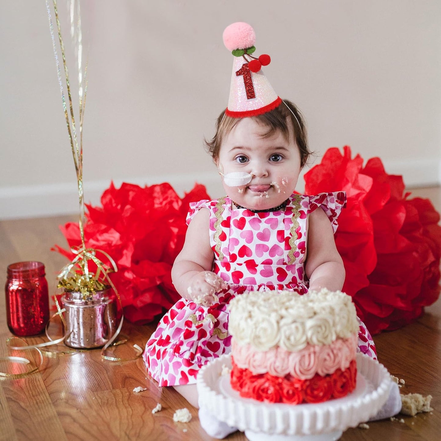 Cherry 1st Birthday Hat - Sweet One Party Decorations, Pink Glitter First Crown for Girls, Fruit Themed Cake Smash, Pink Felt Party Crown