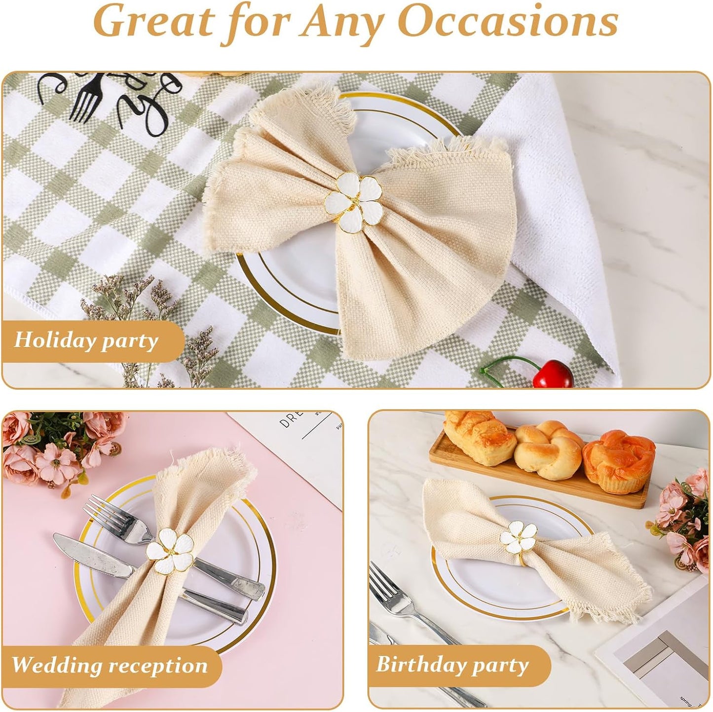 10 Pack White Floral Napkin Rings, 1.6x1.65 inch Elegant Metal Holders Ornament Table Setting Decoration for Wedding, Holiday, Party