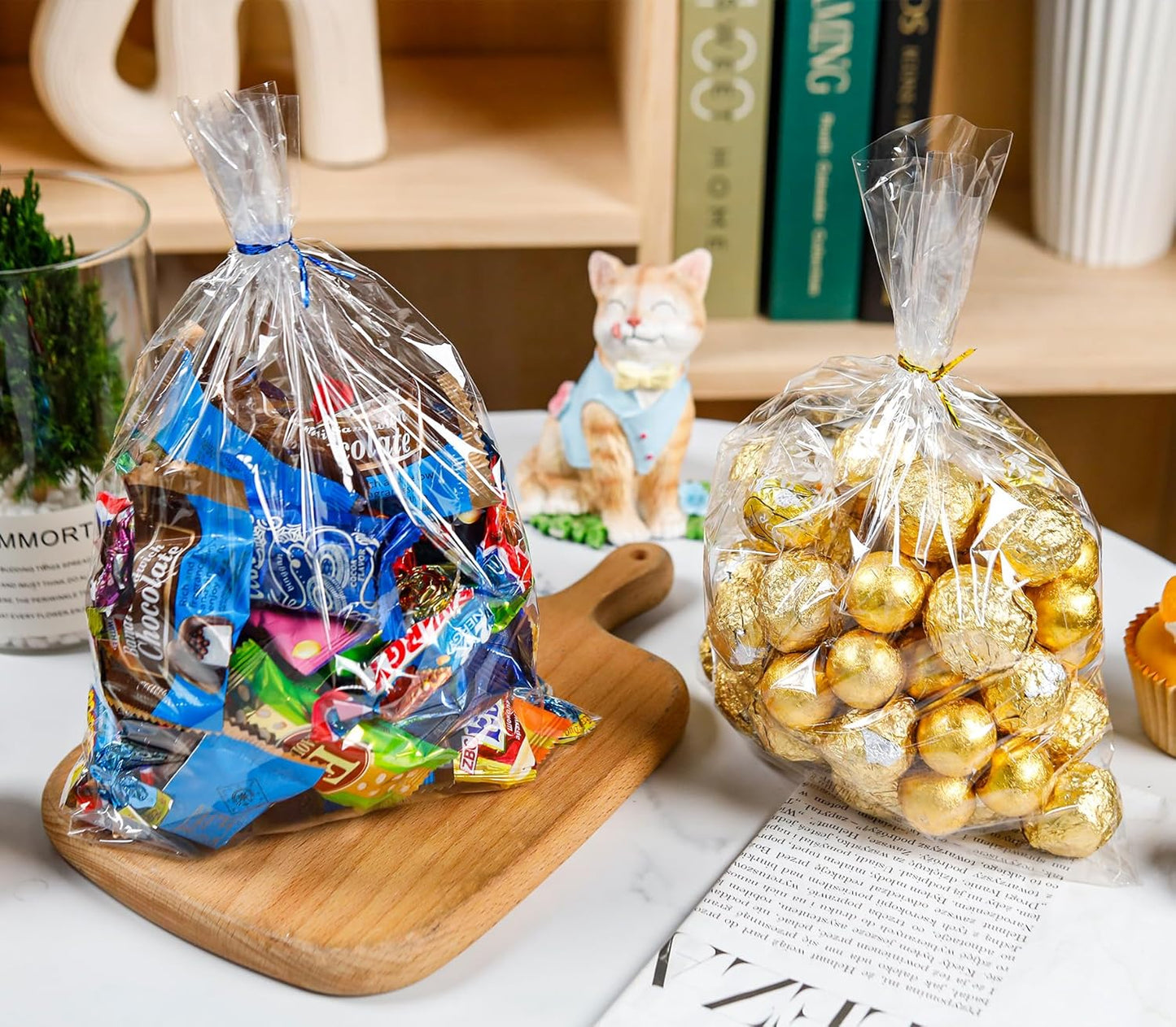 NPLUX 100 Pack Cellophane Bags Small Plastic Cookie Bag Clear Treat Bags with Twist Ties for Small Gift Party Favors, Bakery, Candy, Popcorn (8×11In)