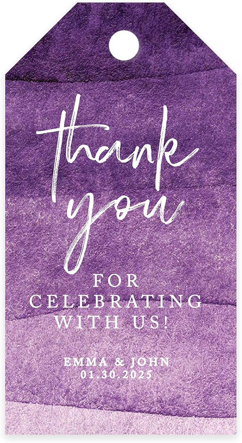 Andaz Press 100-Pack Personalized Thank You for Celebrating with Us Wedding Favor Tags with Bakers Twine Purple Ombre Watercolor Custom Cardstock Wedding Gift Tags for Party Favors 2 x 3.75-Inches