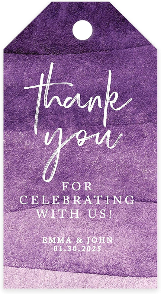 Andaz Press 100-Pack Personalized Thank You for Celebrating with Us Wedding Favor Tags with Bakers Twine Purple Ombre Watercolor Custom Cardstock Wedding Gift Tags for Party Favors 2 x 3.75-Inches
