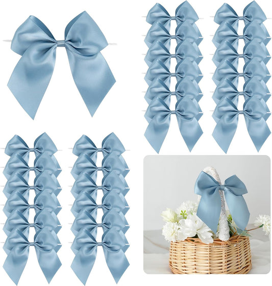 5'' Dusty Blue Bow Party Decorations Satin Bows, Twist Tie Bows for Treat Bags, Cake Pops, Pre-tied Bow Premade Ribbon Bows for Crafts, Holiday Bows for Gift Wrapping, Wedding Decor-24 Counts