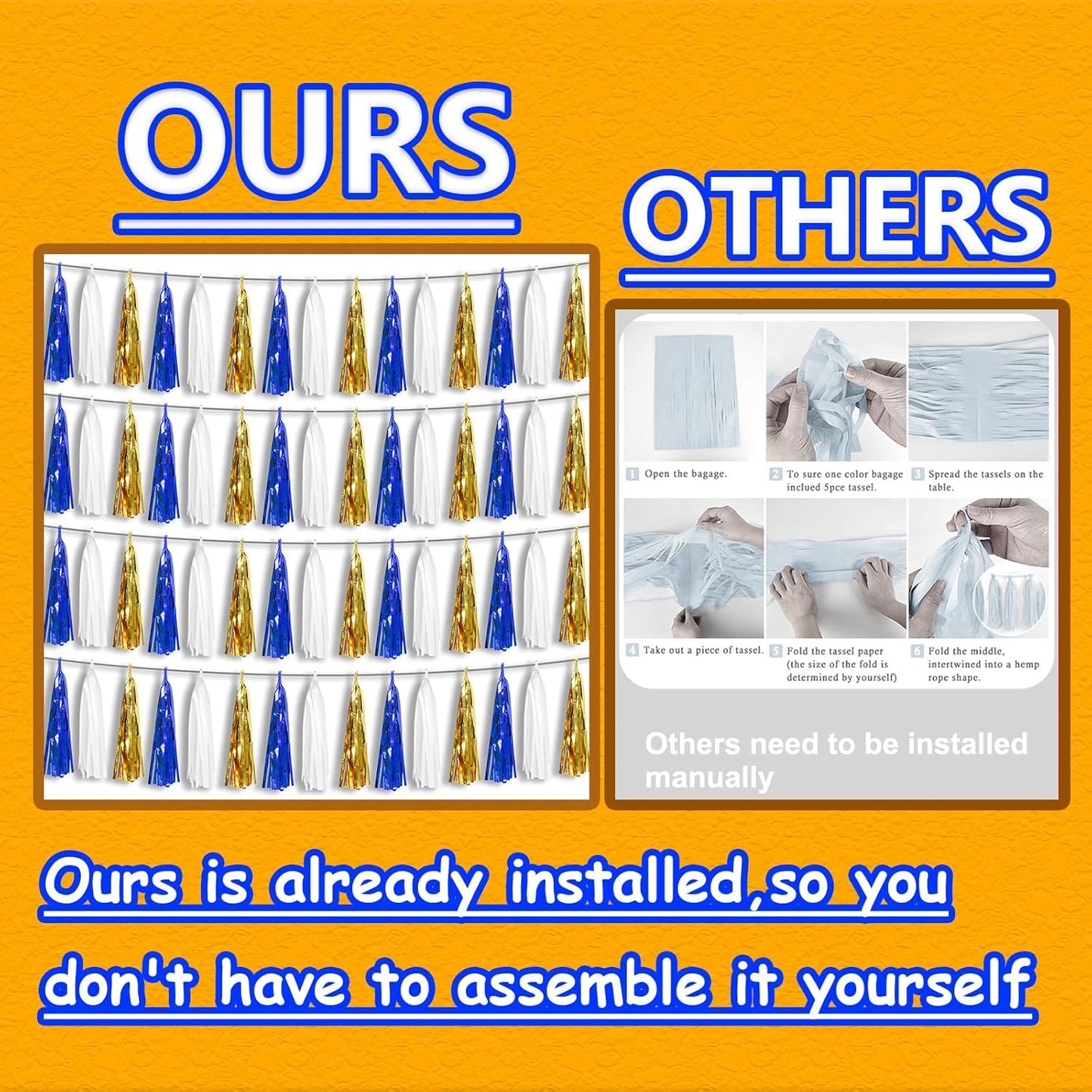 4 Pack Navy-Blue White and Gold Foil Fringe Tassel Banner Garland Metallic Tinsel Streamers Wall Hanging Curtain Backdrop Banners for Parade Floats, 2025 Graduation, Retirement Party Decoratio