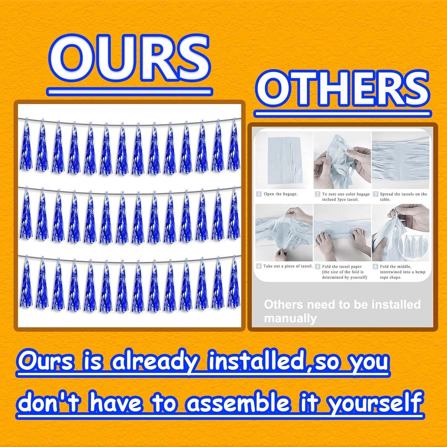 3P Metallic Fringe Tassel Banner Garland Foil Tinsel Streamer Wall Hanging Curtain Backdrop Banner for Parade Floats, Graduation Decorations, Retirement Party Decoration(Blue