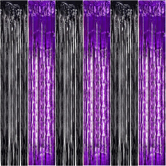 TONIFUL 2Pcs Black Purple Door Streamers,Photo Booth Backdrop Metallic Streamers Foil Fringe Curtains for Birthday Christmas New Year Bachelorette Halloween Party Streamers Decor