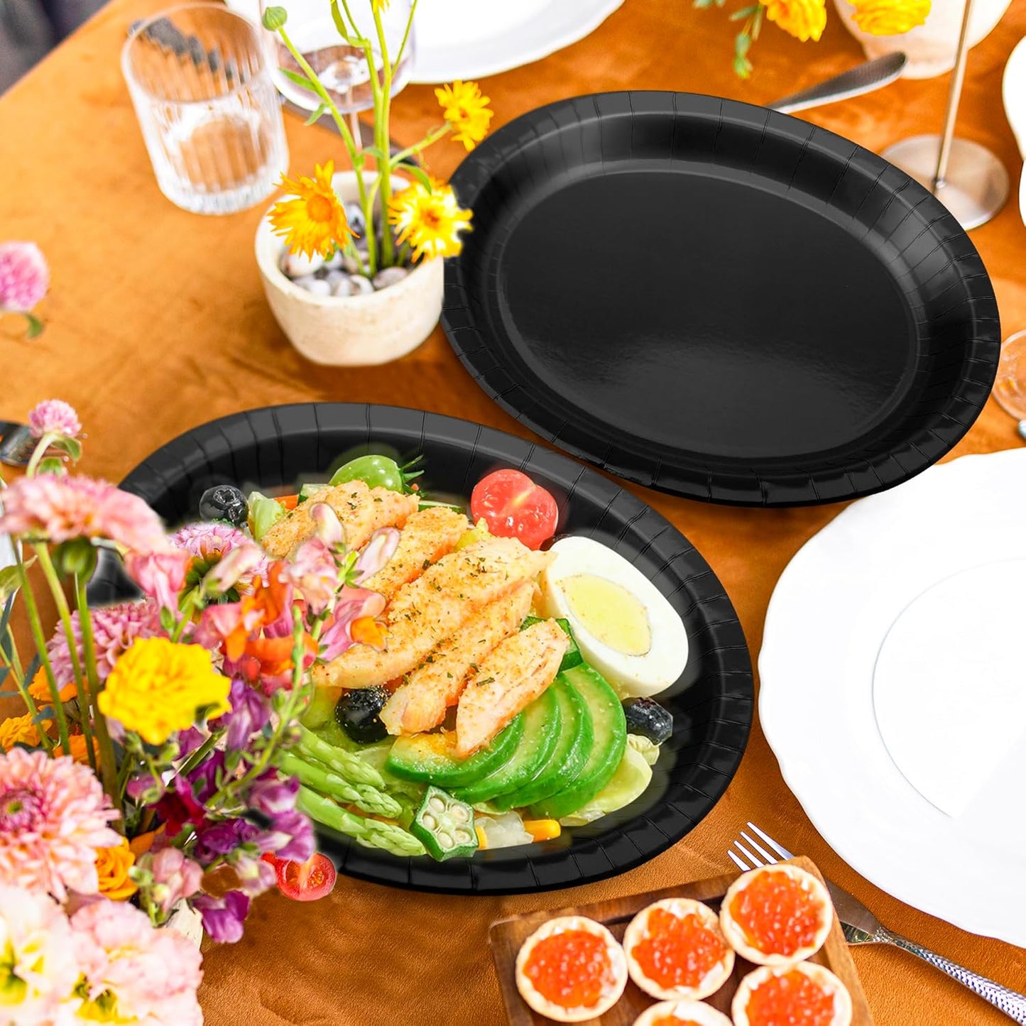 QZYL 50 Count Black Large Paper Plates, 12.2'' X 10.2'' Oval Disposable Plates, Daily Heavy Duty Dinnerware Party Decorations for Birthday Wedding Formal Dinner Holiday