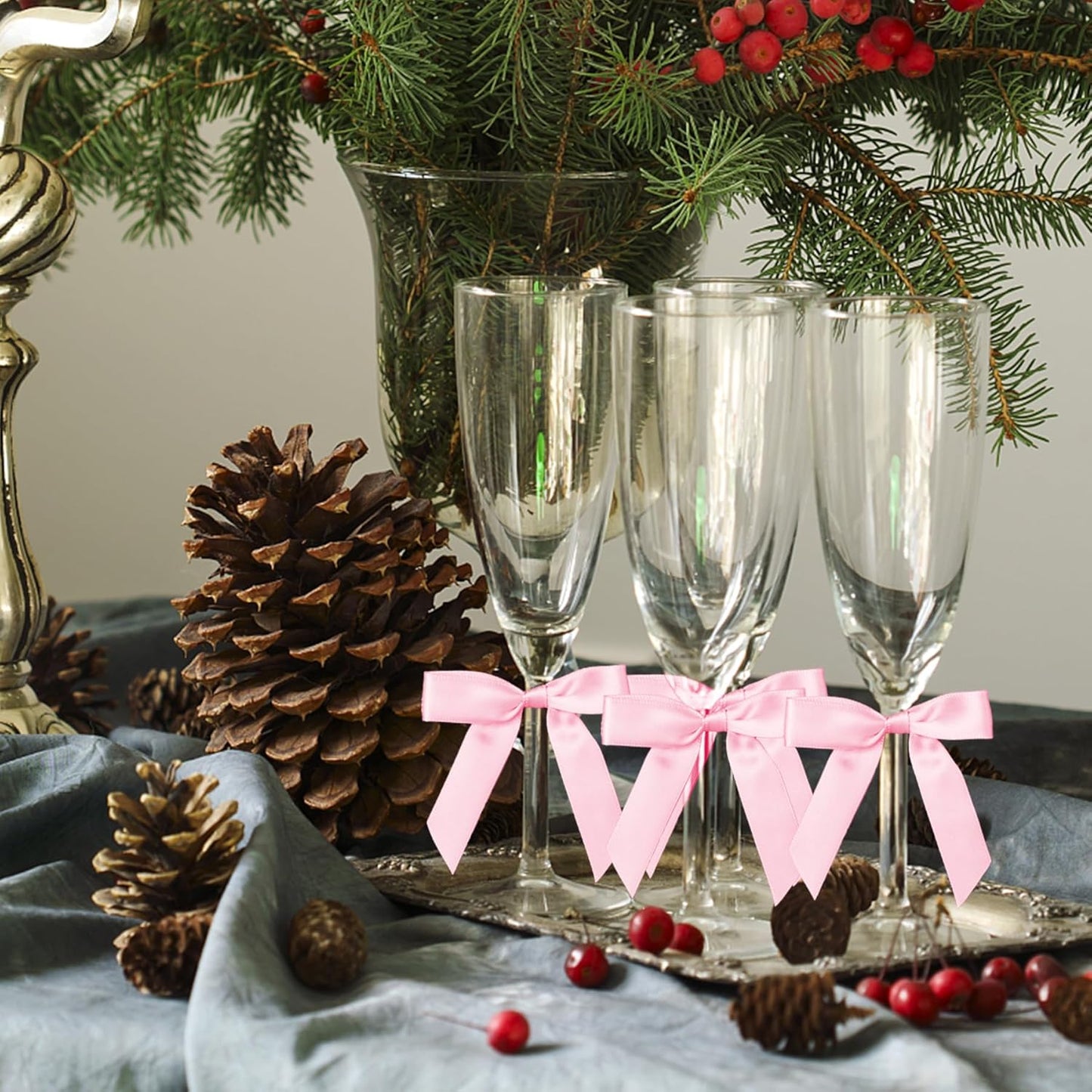 50Pcs Light Pink Twist Tie Bows for Gift Wrapping 2.5" Satin Ribbon Bow for Treat Bags Balloons Birthday Party Favors Wedding Decorations