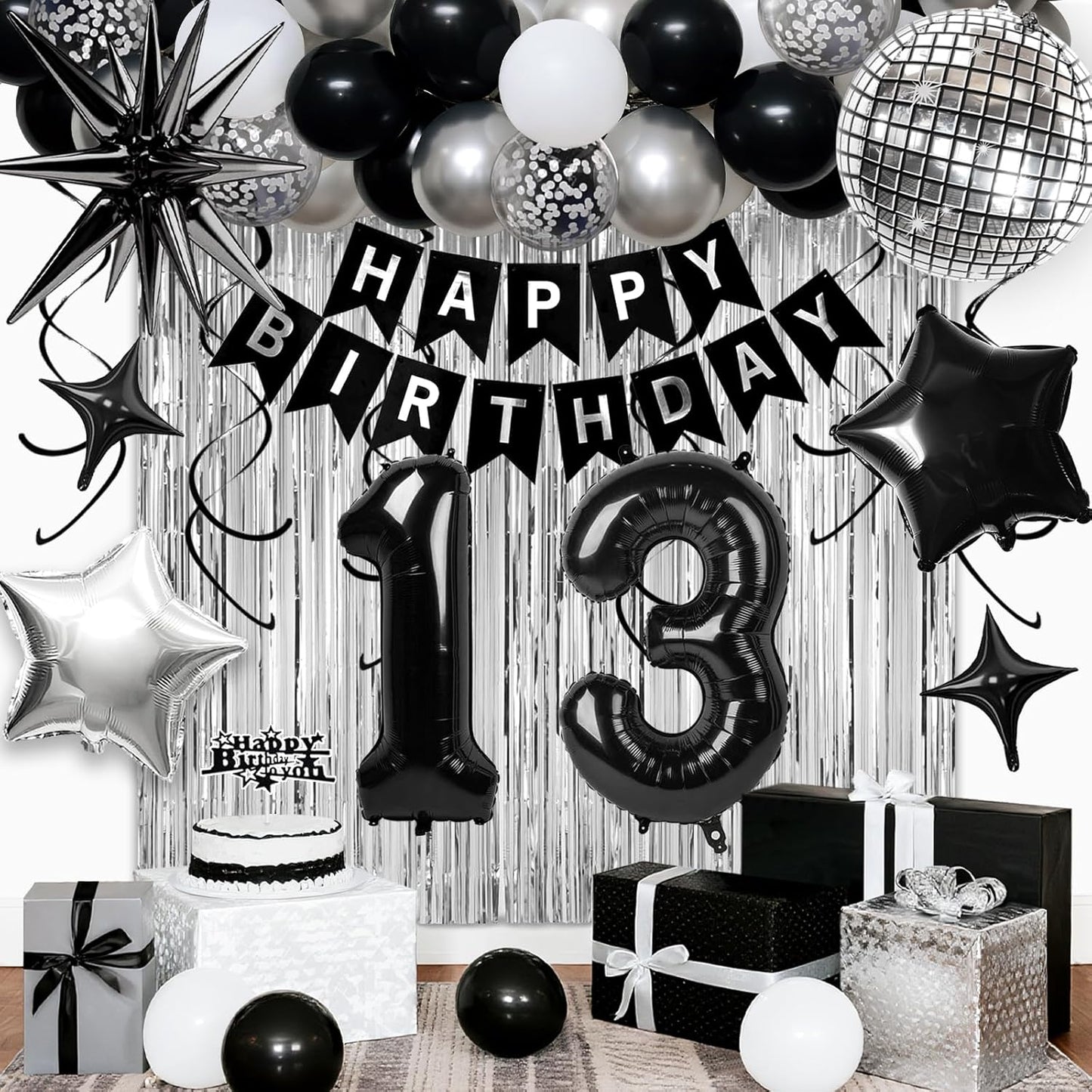 13th Birthday Decorations for Boys Girls, Black Silver Happy Birthday Party Decorations， 13 Year Old Party Supplies with Number 13 Balloons, Banner, Fringe Curtains Kit