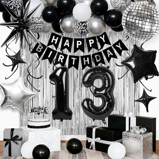 13th Birthday Decorations for Boys Girls, Black Silver Happy Birthday Party Decorations， 13 Year Old Party Supplies with Number 13 Balloons, Banner, Fringe Curtains Kit