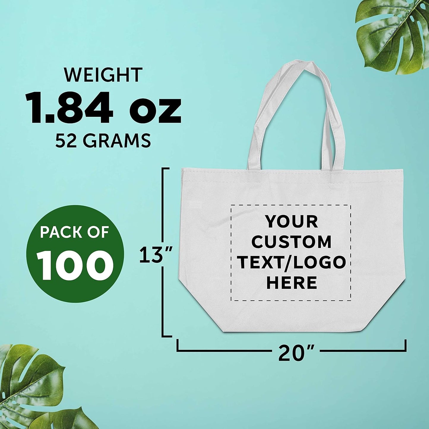 DISCOUNT PROMOS Custom Southern Style Grocery Tote Bags Set of 100 - Personalized Bulk Pack, Reusable Grocery & Shopping Bags - Great for Travel, Carry on Bag, Business Promotions - White - 20"X13"X8"
