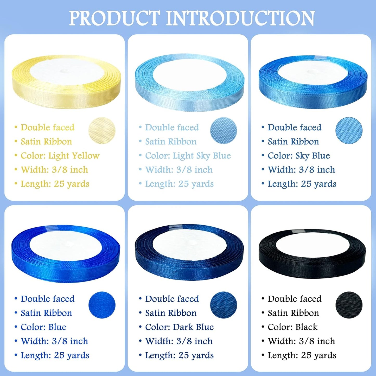 3/8" 6 Colors X 25 Yards Blue Satin Ribbon,150 Yards Assorted Blue Colors Satin Ribbons for Flower Bouquet,Ribbons for Gift Wrapping Happy Birthday Party Decorations