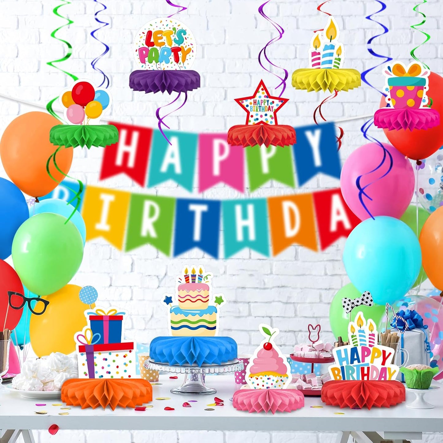 Happy Birthday Decorations Set - Colorful Themed Honeycomb Centerpiece, Table Decoration for Kids' Birthday Party Supplies