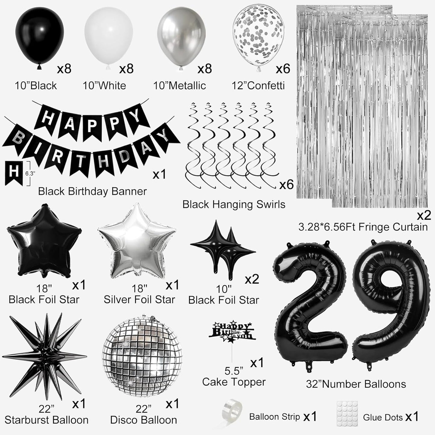 29th Birthday Decorations for Men Women, Black Silver Happy Birthday Party Decorations， 29 Year Old Party Supplies with Number 29 Balloons, Banner, Fringe Curtains Kit