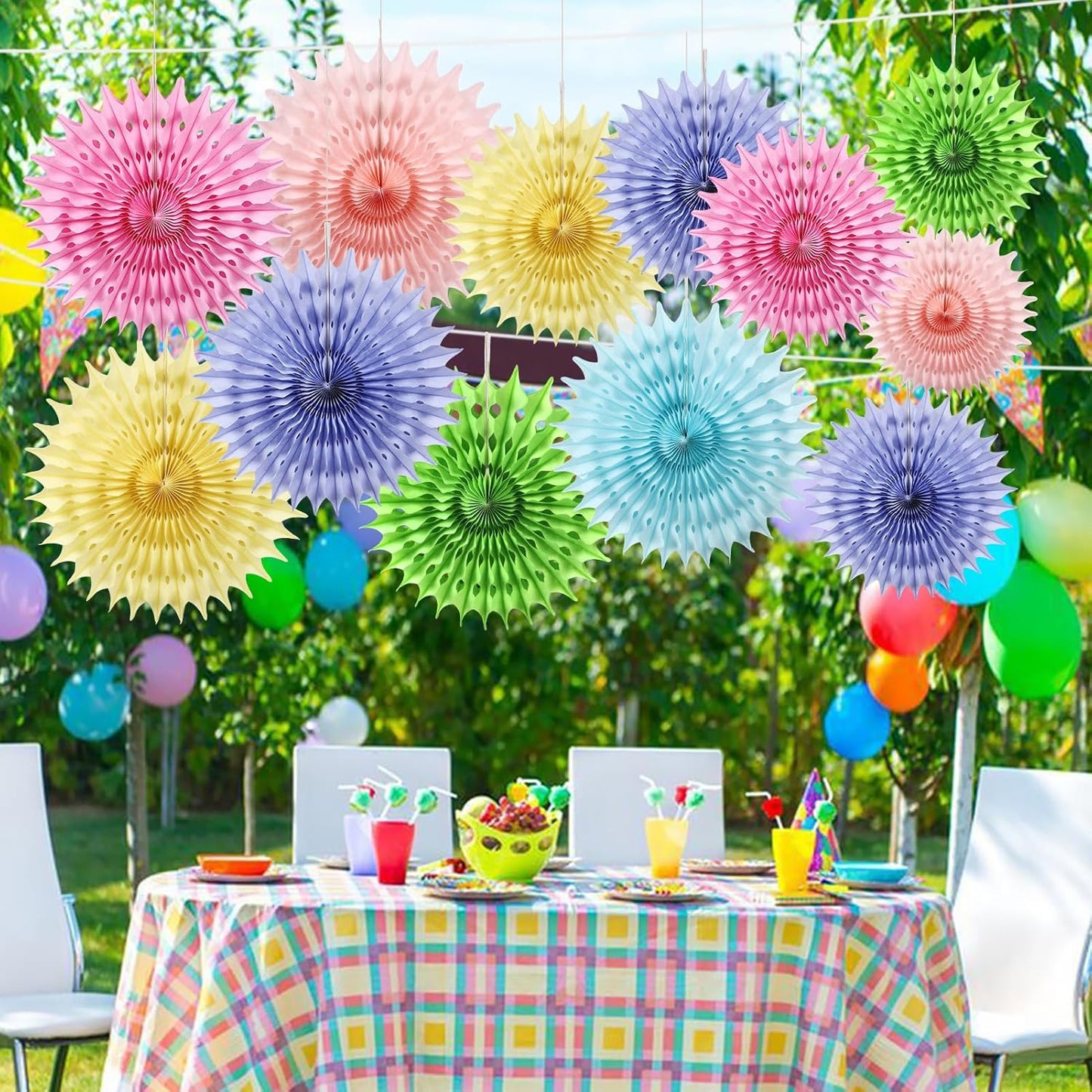 12PCS Paper Fans Pastel Rainbow Colorful Party Decorations Tissue Paper Flowers Decorations for Girl Groovy Birthday Baby Shower Wedding Bachelorette Room Wall Hanging Décor