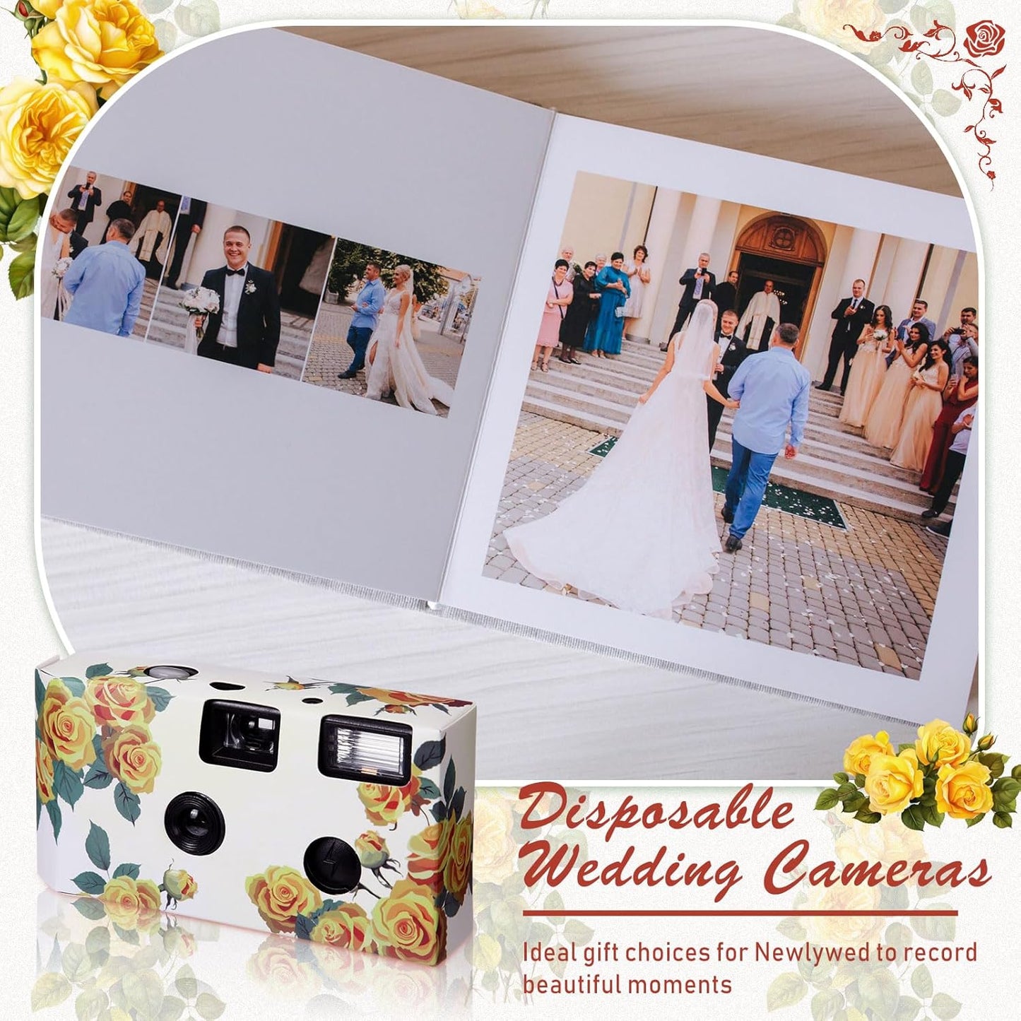 Kanayu 10 Pack Disposable Camera for Wedding Floral 35mm Single Use Film Camera with Flash One Time Use Camera for Anniversary Concert Travel Camp Party Supply Gift Honeymoon (Yellow Rose)