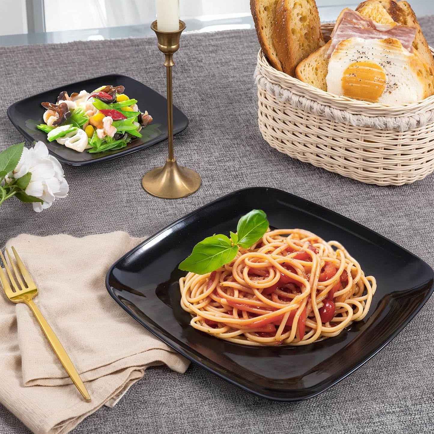 PULOTE 100 PCS Black Square Plastic Plates Disposable - Include 50 Each (10" Dinner & 7.25" Dessert) Plates - Ideal for Party & Halloween