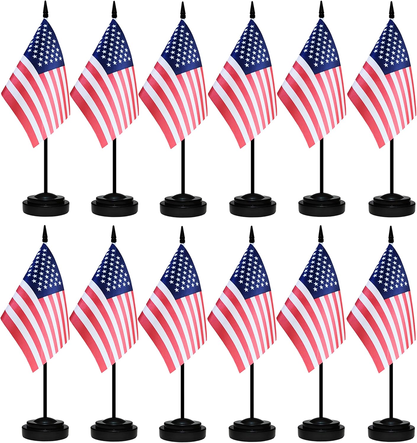 12 Pack USA Desk Flags Set, American US Small Mini Table Office Flags with 12" Solid Black Pole, 8.2 x 5.5 Inches, Home and Office Decoration, Festival Celebrations