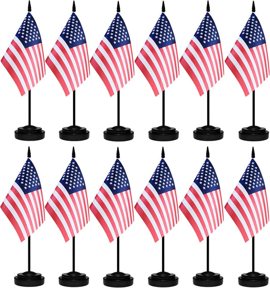 12 Pack USA Desk Flags Set, American US Small Mini Table Office Flags with 12" Solid Black Pole, 8.2 x 5.5 Inches, Home and Office Decoration, Festival Celebrations