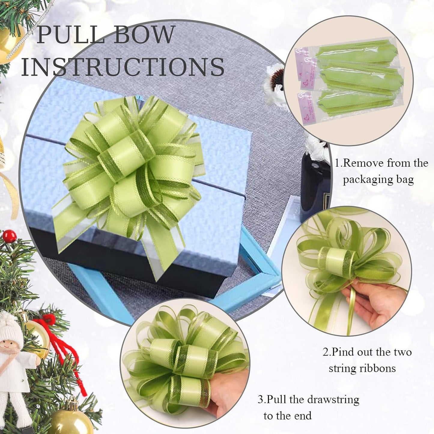 6 Count Large Pull Bows, 6 inches, Organza, Modern, Christmas, Wedding, Valentine's Day, Bean Green, Solid