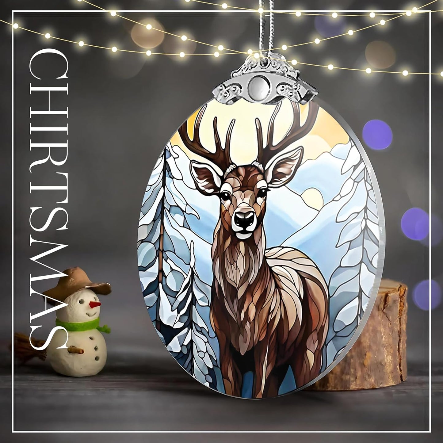 Deer Ornament 2025 – Stained Glass Look Acrylic Hanging Decor, 4 Inch Holiday Keepsake, Nature Scene Car Charm, Rustic Christmas Tree Decoration, Gift for Wildlife Lovers