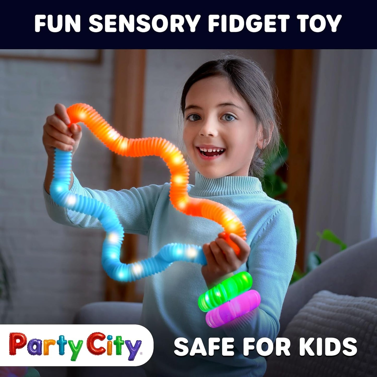 Party City 12pk LED Light Up Pop Tubes 25”- 3 Mode Stretchy Tubes LED Light Up Toys Bulk Glow Sticks Party Favors for Kids Necklaces Bracelets Neon Glow in the Dark Supplies Fidget Sensory Tube Pack