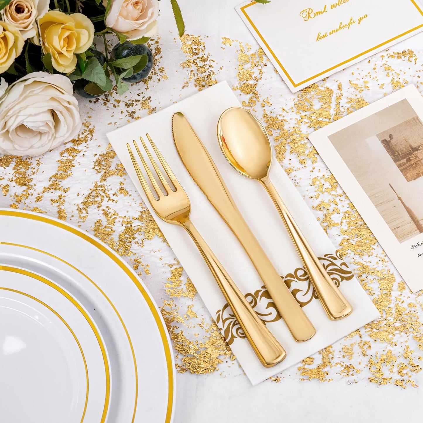 NOCCUR 700PCS Gold Disposable Dinnerware Set for 100 Guests - Include 200 Gold Dinner/Dessert Plates, 100 Napkins, 100 Cups, 300 Plastic Silverware for Wedding/Party/Thanksgiving