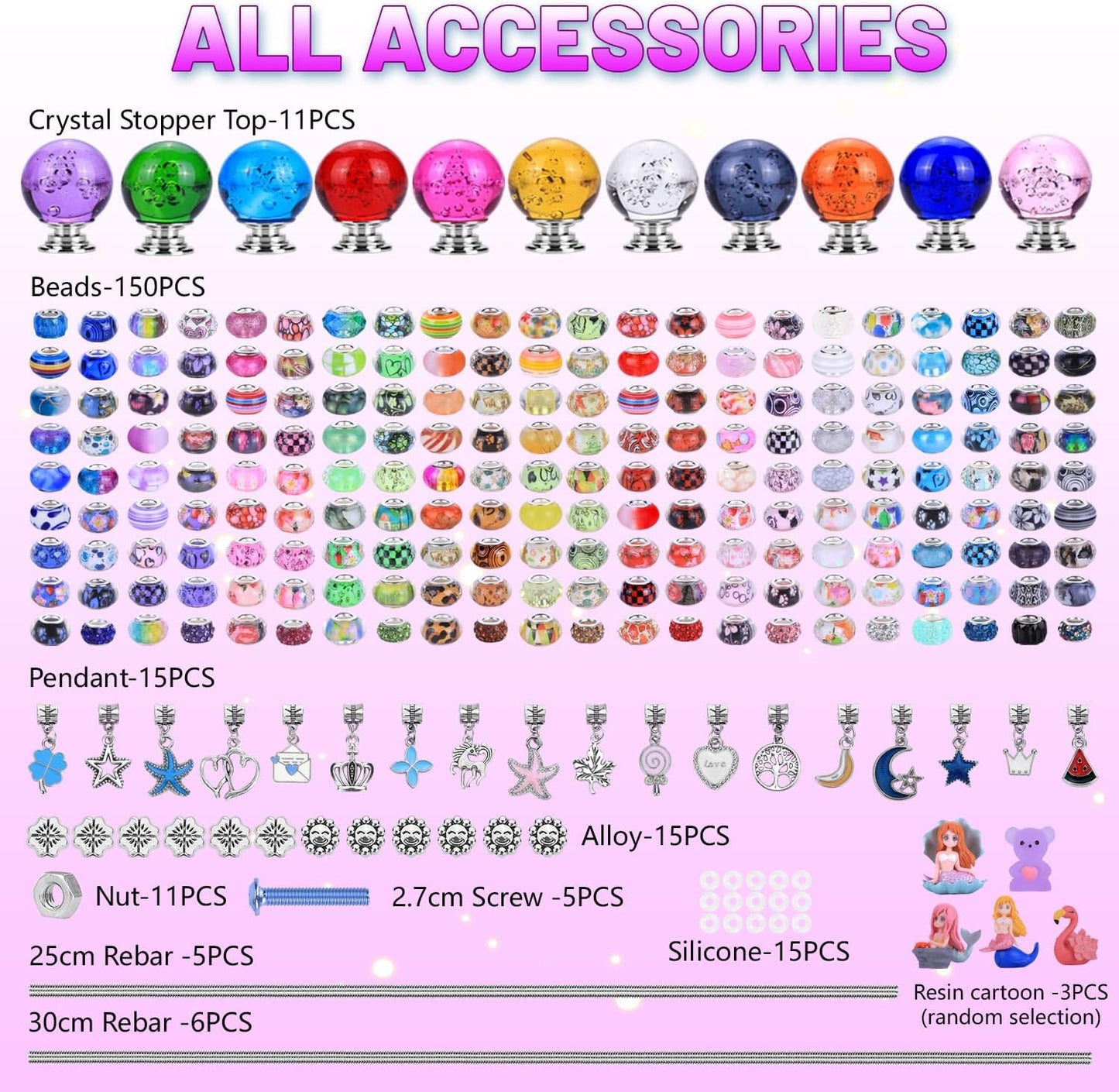 AIPRIDY 238 Pcs DIY Fairy Wand Garden Stakes Kit,Multiple Color Scheme European Beads Crystal Diamond Tops and 12 or 10 Inch Threaded Rods,Stainless Steel Stakes with Diamond Toppe(Inner Bubble)