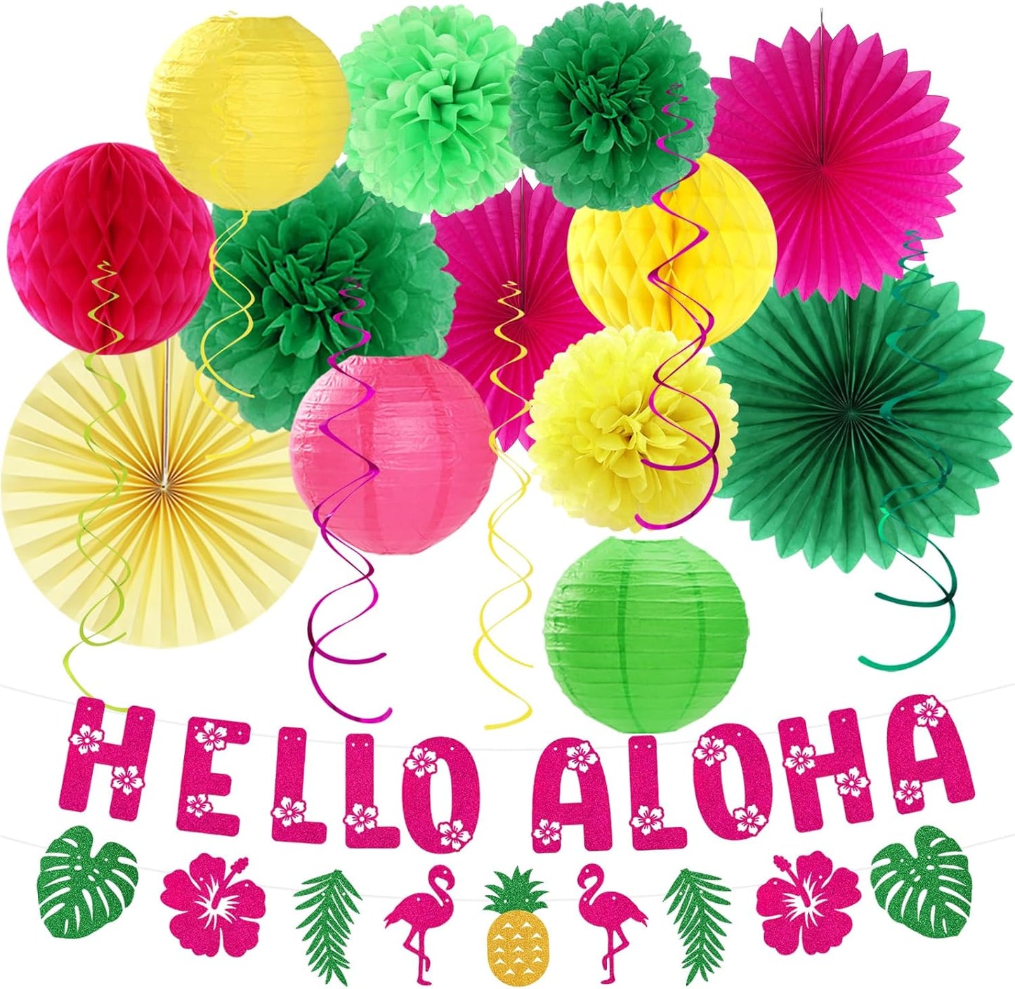Hawaiian Aloha-Luau Flamingo Party-Decorations Supplies - 21pcs Hello Banner,Pool Paper Lanterns Honeycomb,Beach Theme Streamers Garland,Tissue Pom Poms Flowers Fan,Tropical Summer Tiki Decor Burgleda